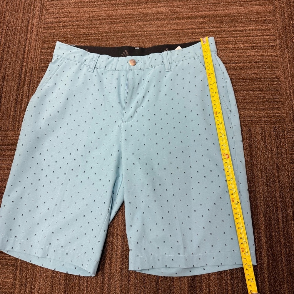 Adidas Light Blue Men's Flat Front Gold Shorts with Speckled Navy Blue Dots - Picture 2 of 7